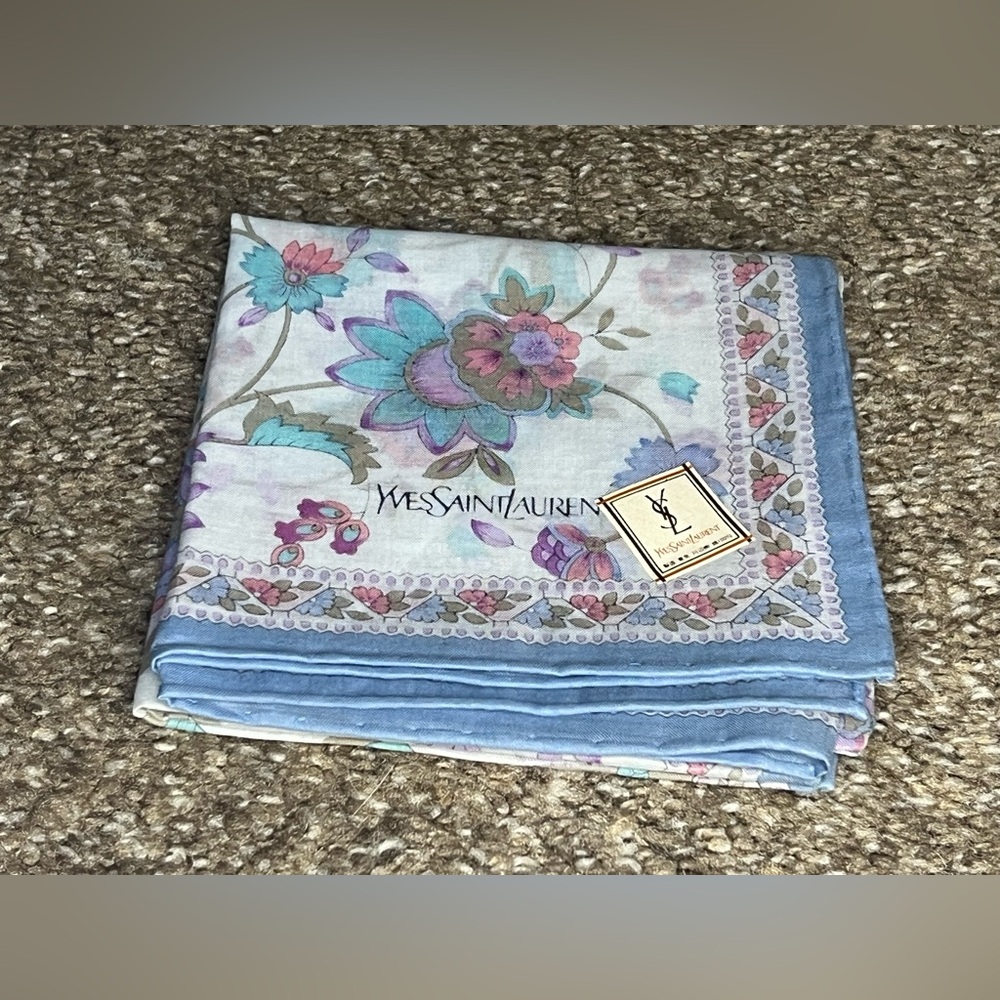 YSL Yves Saint Laurent Handkerchief Pocket Square Pastel Blue Multicolor Floral